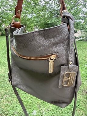 Valentina Taupe Pebbled Leather Shoulder Bag with Gold Hardware